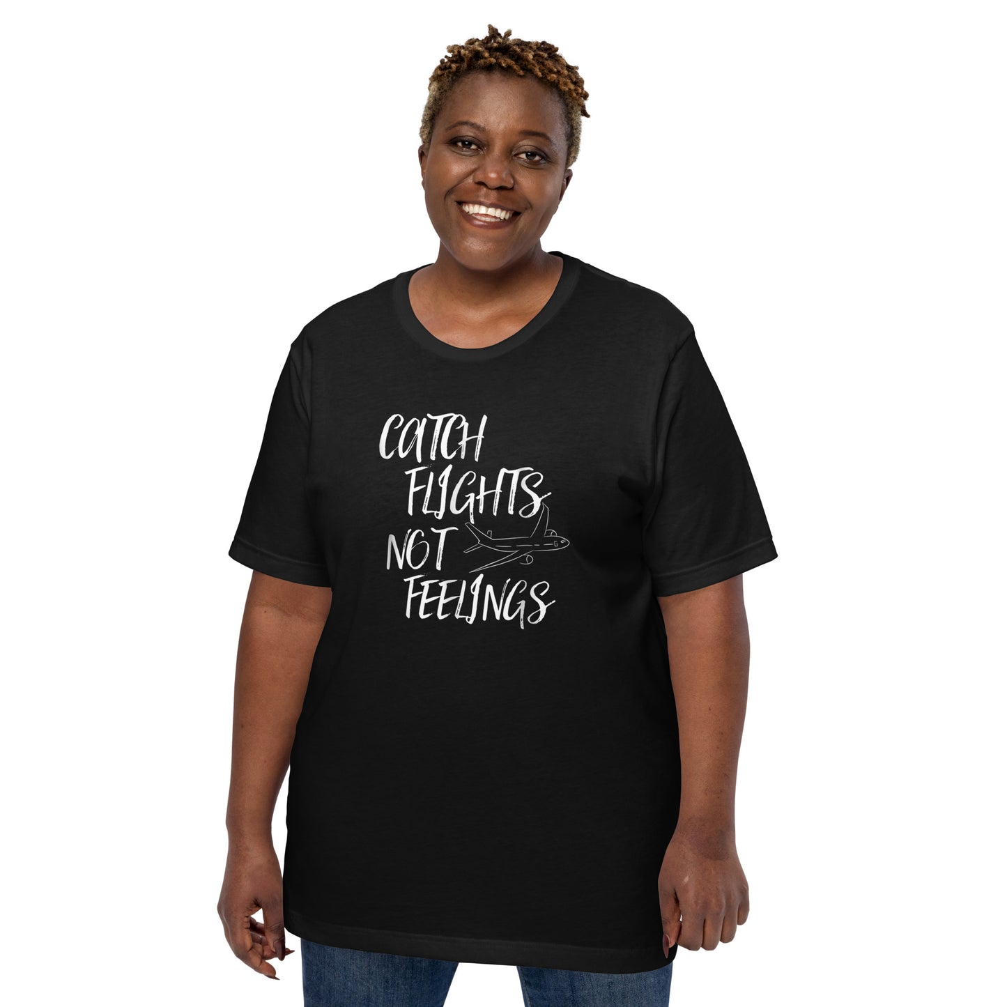 CATCH FLIGHTS NOT FEELINGS PLANE GRAPHIC T-SHIRT